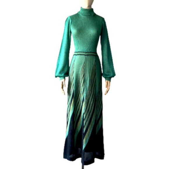 COPY - Vtg 70s Wenjilli Metallic Knit Maxi Dress Small - Picture 1 of 7